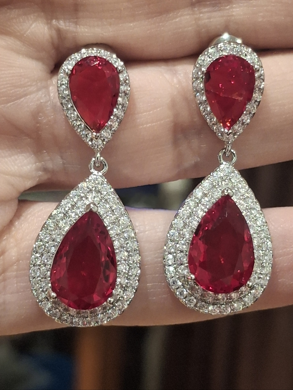 Ruby Red Diamond Teardrop Accented Dangle Evening Statement Earrings - Picture 4 of 4